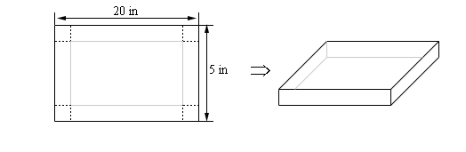Two images. On the left, a rectangle with height labeled 5 in and width labeled 20 in. In each corner are equal-sized, dotted-lined squares. On the right, an image of a 3d box with not top.