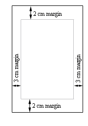 A rectangle representing a poster with top and bottom margins labeled as 2 cm margin, and left and right margins labeled as 3 cm margin.