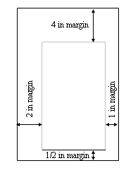 A rectangle representing a poster with top margin labeled as 4 in margin, left margin labeled as 2 in margin, right margin labeled as 1 in margin, and bottom margin labeled 1/2 in margin.