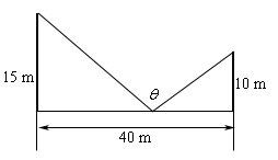 There are two vertical posts, the left one larger and labeled 15m, the right smaller and labeled 10m. A horizontal line connects the bottom of the posts and is labeled 40m. Two lines, one coming from the top of each post come diagonally down to the horizontal line to meet at the same point. The angle between the two diagonal lines is labeled theta.