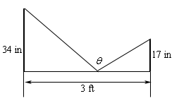 There are two vertical posts, the left one larger and labeled 34in, the right smaller and labeled 17in. A horizontal line connects the bottom of the posts and is labeled 3ft. Two lines, one coming from the top of each post come diagonally down to the horizontal line to meet at the same point. The angle between the two diagonal lines is labeled theta.