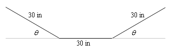 A horizontal line is along the bottom. From the top left, a diagonal straight line, labeled 30in, decreases to meet the horizontal line. It continues along the horizontal line, this section labeled 30in. It then increases in a straight line up and to the right, labeled 30in. The two acute angles between the original horizontal line and each diagonal are both labeled theta.