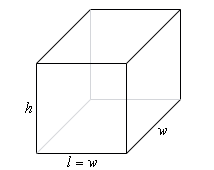A sketch of a box.  The height is labeled as “h”, the width (or depth) is labeled as “w” and the length is labeled as “l = 3w”.