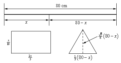 There are 3 parts to the image. Firstly, there is a horizontal line labeled with length 80cm. This line is also labeled so that part of length is given as x and the remaining length is labeled 80-x. Below and to the left of this is a rectangle whose vertical edge is labeled x/10 and horizontal edge is labeled 2x/5. To the right of the rectangle is an equilateral triangle whose bottom edge is labeled 1/3(80-x). A dashed line extends vertically from this bottom edge to the top of the rectangle, to represent its height, and is labeled as (square root of 3)/6(80-x).