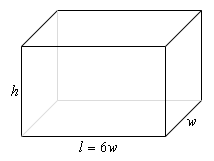 A 3d box with height labeled h, width labeled w, and length labeled l=6w.