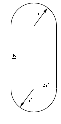 A vertical rectangle whose top and bottom edges are dashed lines. Sitting on the top of the rectangle is a semicircle whose diameter is the width of the rectangle. Sitting on the bottom of the rectangle is a semicircle whose diameter is the width of the rectangle. The width of the rectangle is labeled 2r and the height is labeled h. In each semicircle is a ray going from the center of the diameter line pointing to the outside edge of the semicircle; each labeled r.