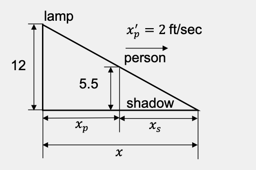 In this sketch, there is a right triangle with the right angle at the bottom left of the sketch. There is a vertical line inside the triangle, making a smaller right triangle inside of the first triangle. The upper left vertex of the large triangle is labeled, 'lamp.' The upper left vertex of the smaller triangle is labeled, 'person,' and there is an arrow above it, pointing right. Above that is the label 'x-sub-p-prime = 2 ft/sec.' The horizontal side of the smaller triangle is labeled, 'shadow.' The height of the large triangle is labeled 12, and the height of the small triangle is labeled 5.5. The horizontal side of the large triangle is labeled x. The horizontal side of the smaller triangle is labeled x-sub-s. The horizontal distance between the two vertical sides of the triangles is labeled x-sub-p.
