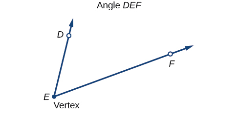 An angle with E in the corner (labelled ''Vertex'') and open points D and F near the arrows