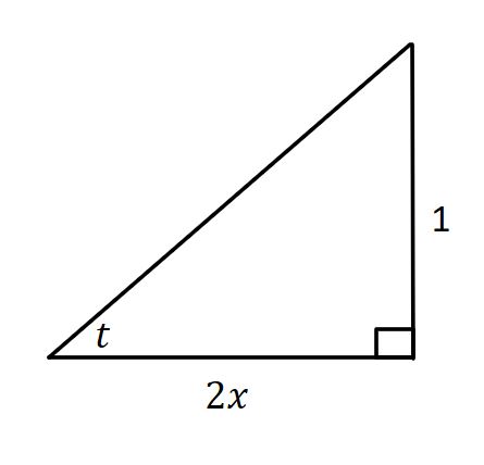 a right triangle with reference angle t, adjacent side 2x, and opposite side 1.