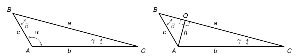 Two copies of triangle ABC with obtuse angle at A. In the second triangle, there is an altitude drawn from vertex A to side a.