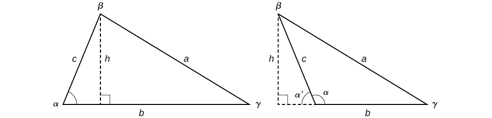 a picture of an acute triangle with an altitude drawn down from angle beta to side b. The altitude has height h and is opposite angle alpha. Another triangle, this one obtuse with an altitude dropped down from angle beta, but this time the altitude is outside the triangle and connected to the base with an extended dotted line.