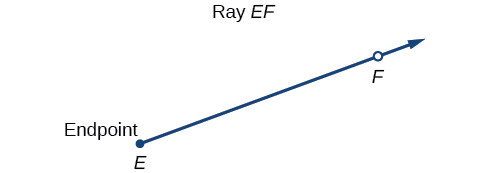 An angle with a dot on one end labeled E, an open dot at the other end labelled F, and an arrow on the F side of the line.