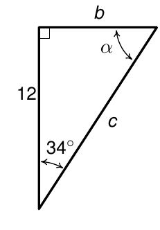 A right triangle with a 34 degree angle. The other angle is labelled alpha, the side opposite the 34 degree angle is b, the hypotenuse is c, and the other side is 12