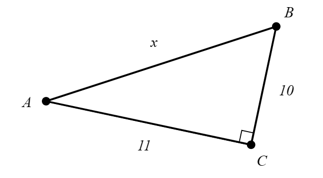 A right triangle. Angle C is 90 degrees. The side across from C is labeled x. The side connecting C to angle B is labeled 10. The side connecting C to angle A is labeled 11.