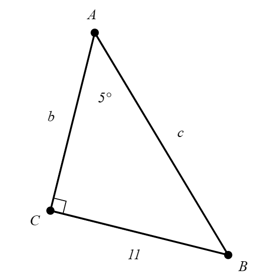 A right triangle. Angle C is 90 degrees. The side across from C is labeled c. The side connecting C to angle B is labeled 11. The side connecting C to angle A is labeled b. Angle A is 5 degrees