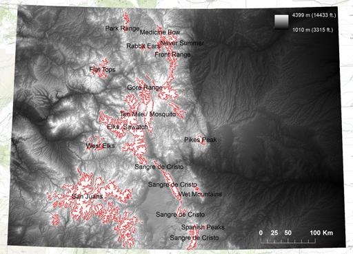 Colorado mountain ranges above 11,000 ft.